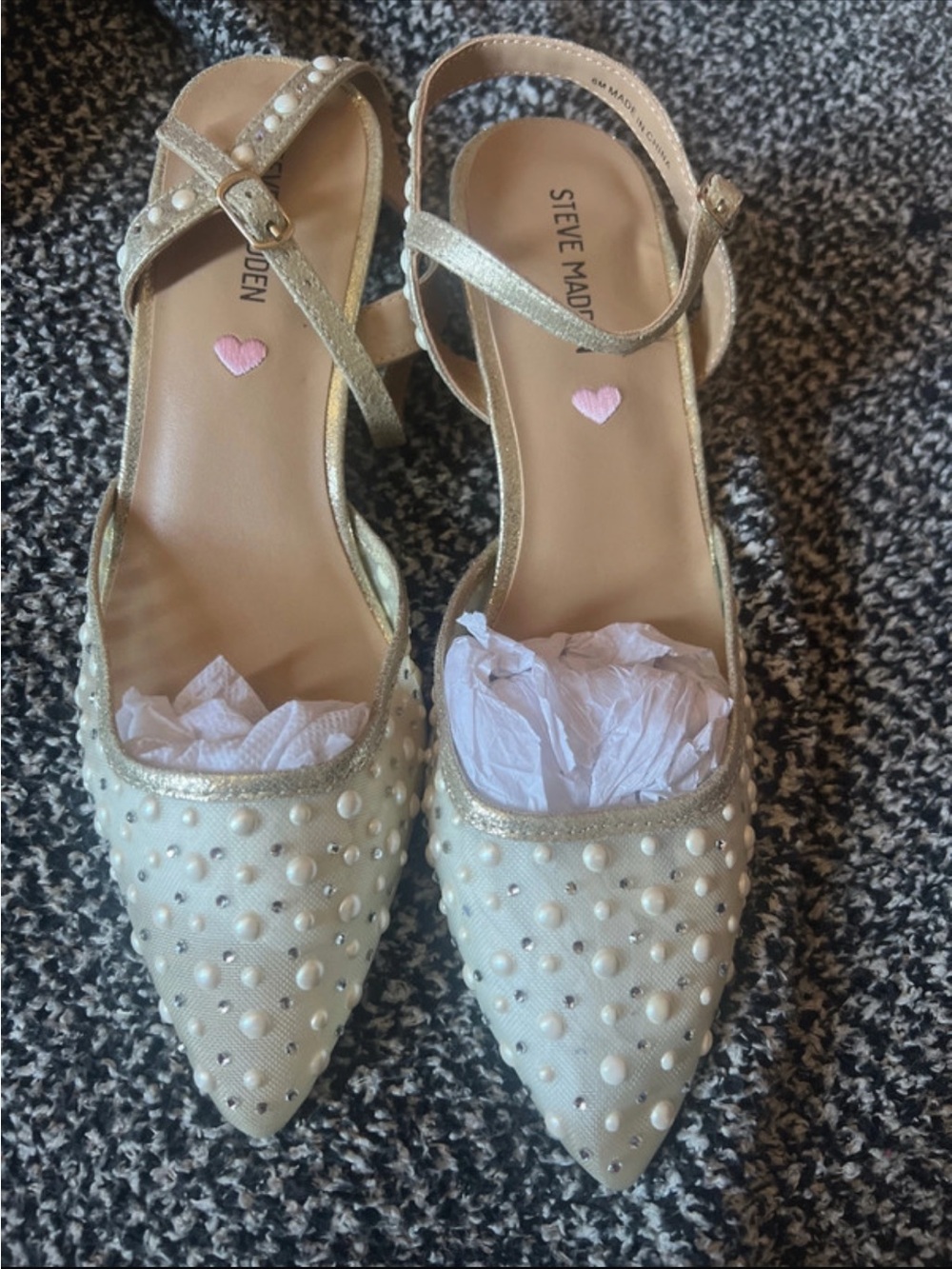 Steve Madden Cream Pearl-Stud Pointed Slingback Flats